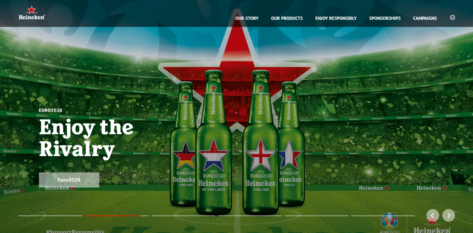 A screenshot of Heineken's homepage depicting their Enjoy the Rivalry campaign.